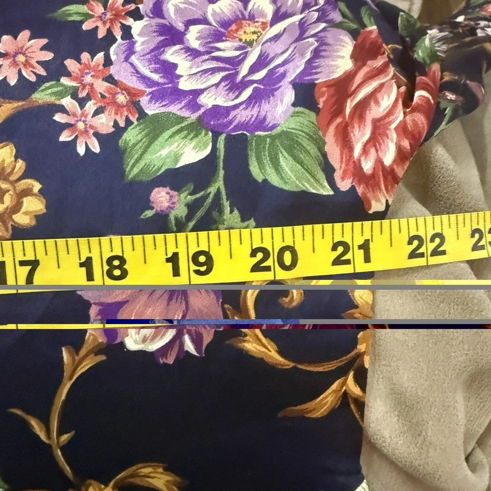 VTG Dentelle L Satin Navy Blue Floral Robe Sleepwear Lounge Kimono Cottagecore‎
